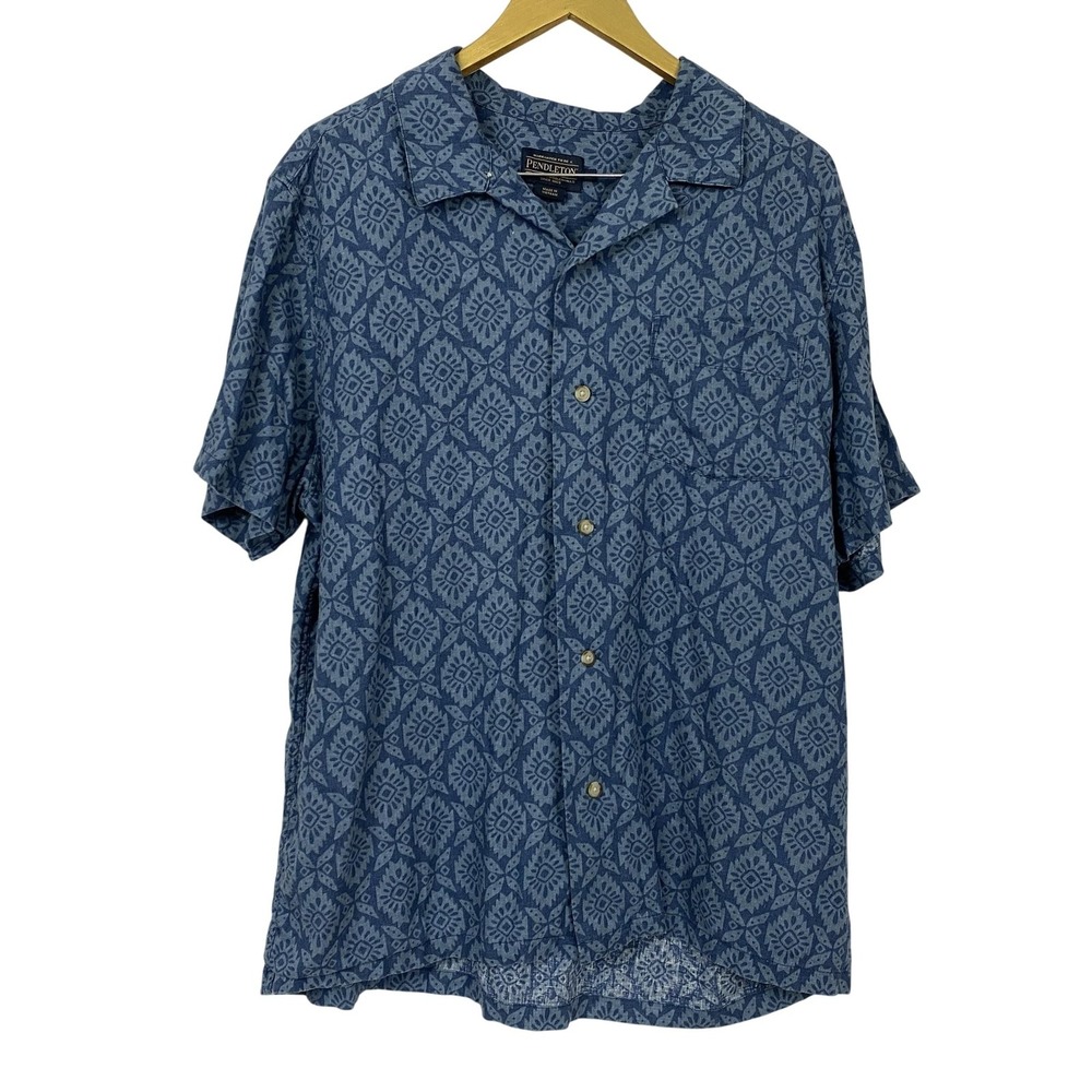 Pendleton Linen Camp Shirt Mens XL Blue Geometric Button Up Pocket Coastal Beach